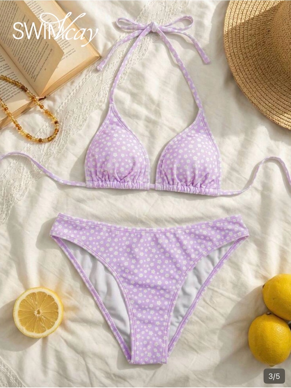 SHEIN Lavender Daisy Tie-Back Triangle Bikini
